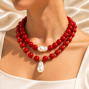 Collar Chicle con perlas Rojo